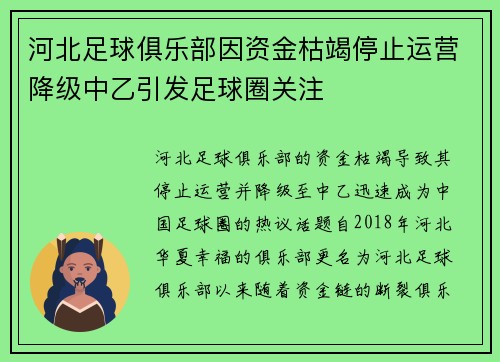 河北足球俱乐部因资金枯竭停止运营降级中乙引发足球圈关注